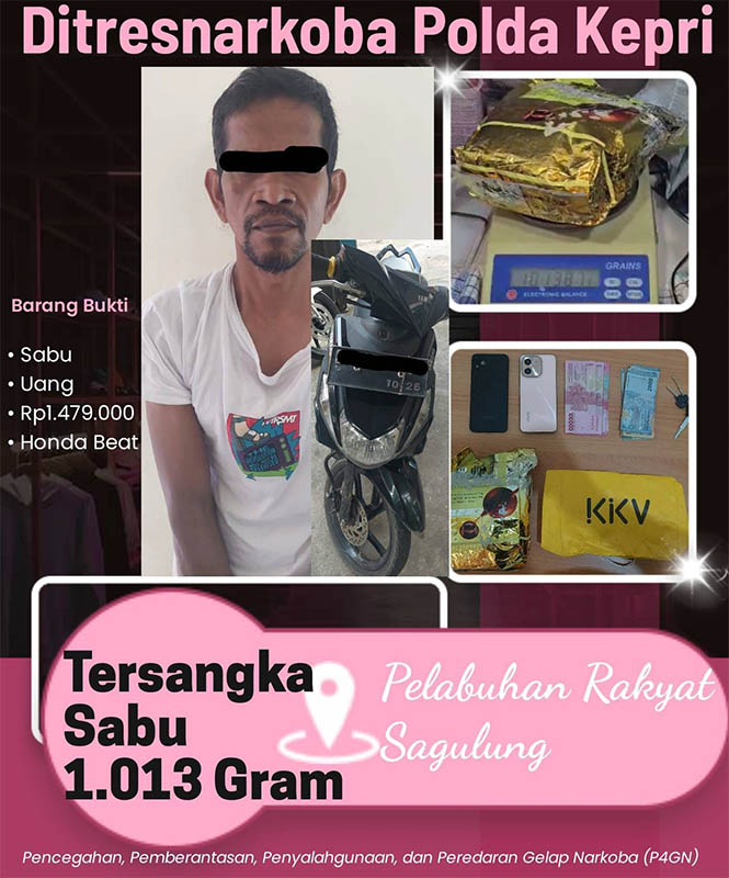 Ditresnarkoba Polda Kepri Ringkus Tersangka Sabu 1.013 Gram